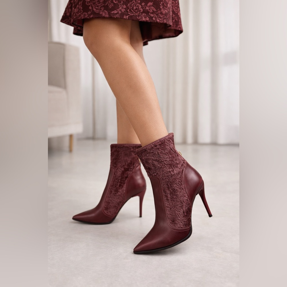 Bruno Magli Sophisticated Wine-Red Pointed High Heel Glam Ankle Boots Size 37